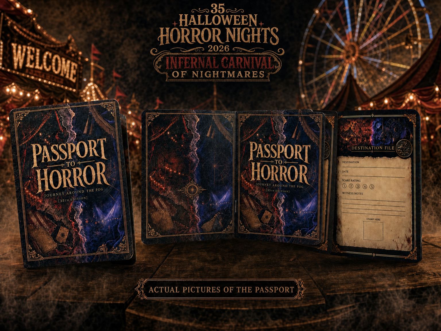 Passport to Horror cover and open spreads in a carnival-themed promotional display